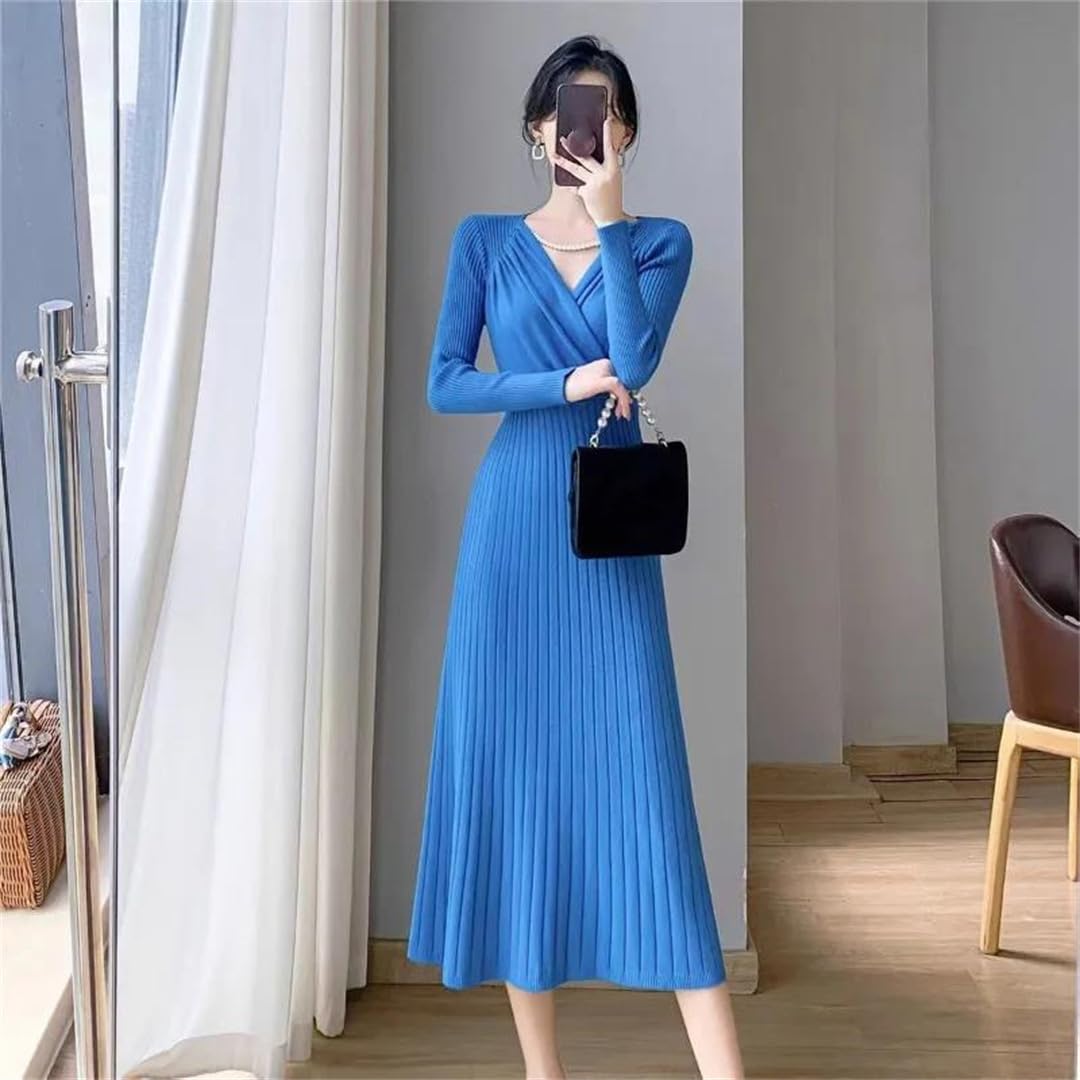 Abito da donna con scollo a V, lavorato a maglia, stile retrò, per feste