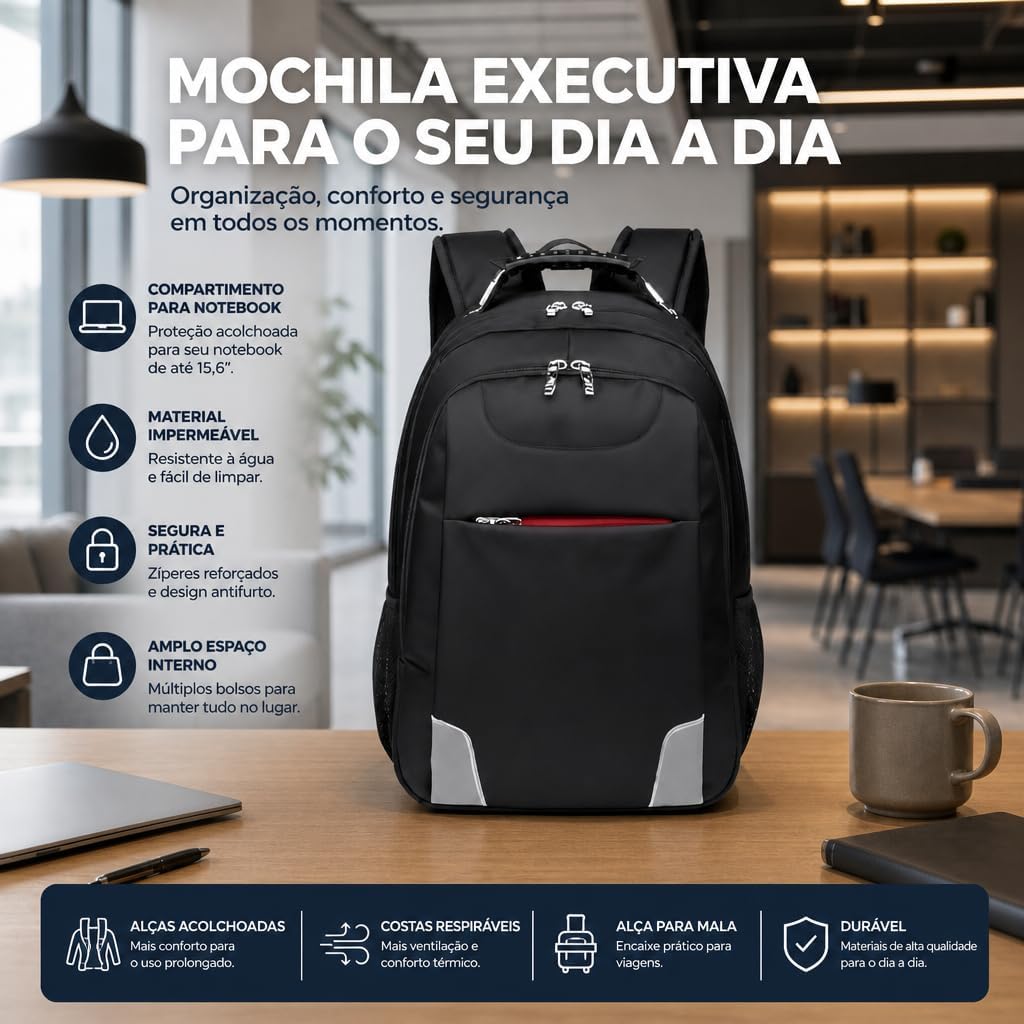 Mochila Masculina Grande Impermeável para Notebook 15,6” com Cabo de Aço Reforçado, Costas Respiráveis e Várias Divisórias – Ideal para Viagem, Trabalho e Faculdade Mochila Escolar