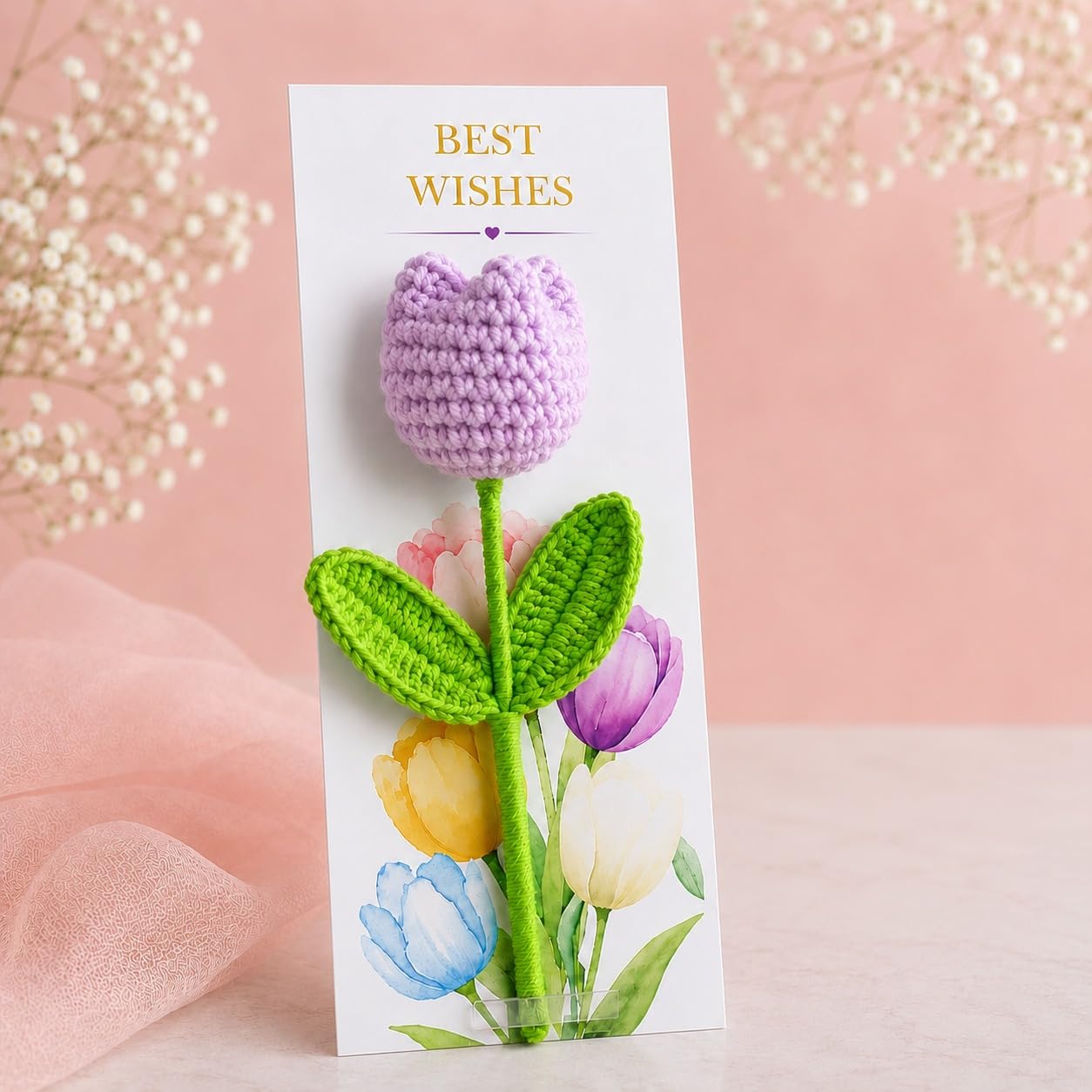 CURATED CART Crochet Flower with Card, Artificial Flowers, Handmade Knitted Tulip, Appreciation Gift for Women, DIY Handmade Gift for Friend, Teacher, Mom, Sister (Purple, Pack of 1)-image-24