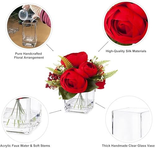 Miniatura 3 de ENOVA FLORAL Arreglo artificial con jarrón y agua falsa, peonía roja falsa flores falsas con jarrón para decoración de mesa (rojo)