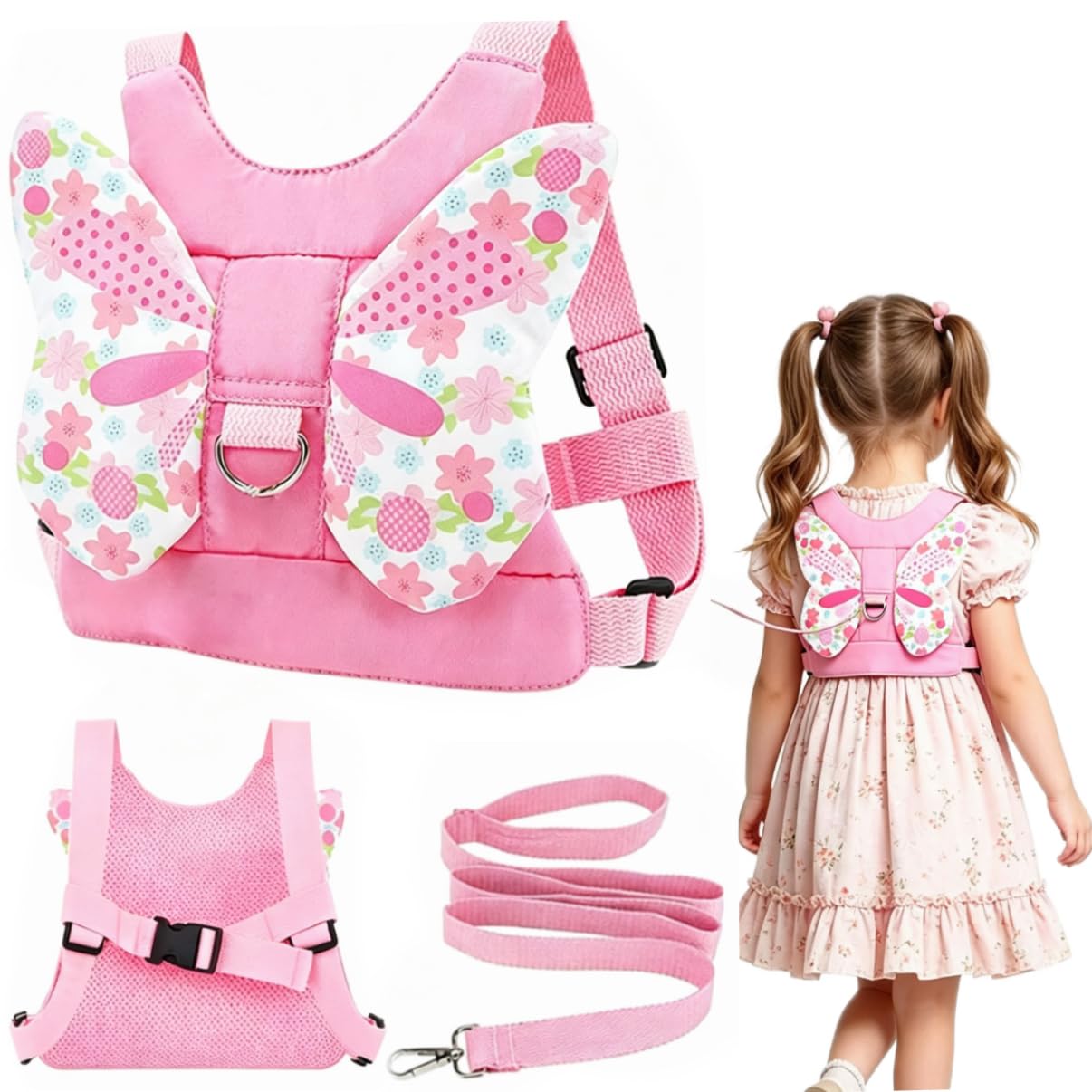 Baby Reins, Adjustable Walking Harness, Toddler Reins for 1-3 Year Olds, Butterfly Wing Toddler Harness for Outdoor Family Strolls