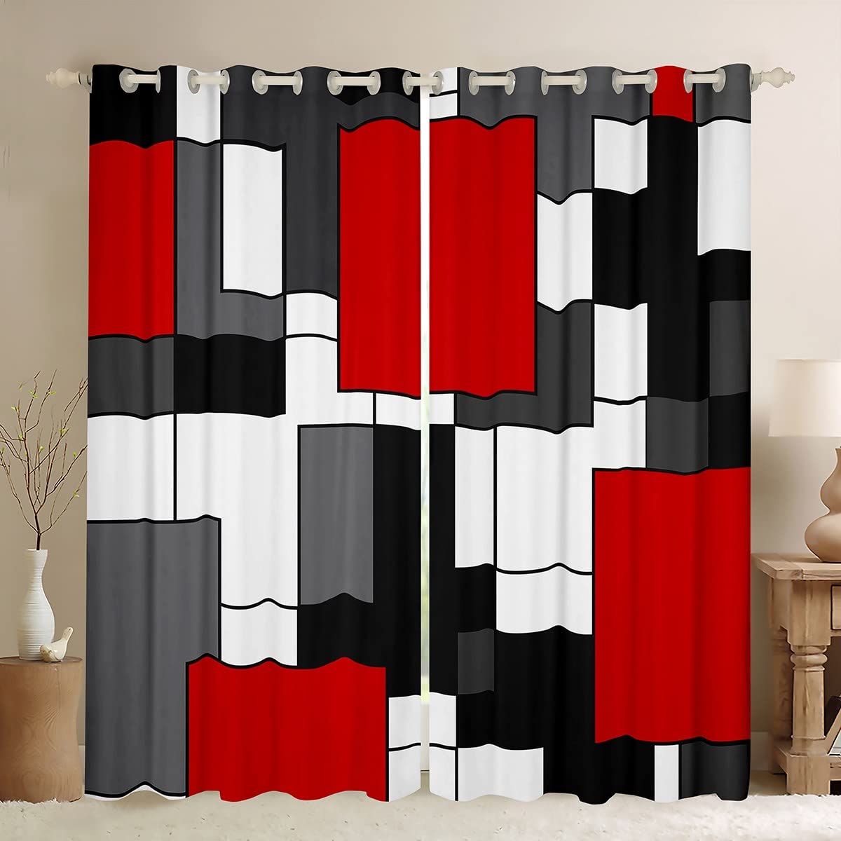 Manfei Kids Red Geometric Window Curtains Black White Grey Square Window Drapes for Girls Room Decor, Modern Abstract Window Treatments Grommet Top 2 Panel Set Bedroom Curtains, 42Wx63L inch