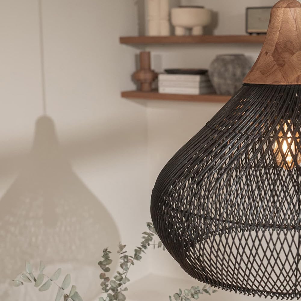 Lámpara Colgante de Ratán, de Madera Y Mimbre Negro, de Bambú, Estilo Rústico Vintage, Estilo Jaula, para Comedor, Cocina, Isla, Sala de Estar Y Dormitorio./Estilo D