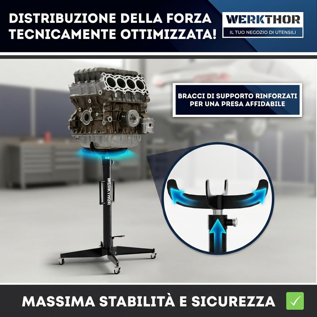 WERKTHOR Podnośnik do skrzyni biegów 500 kg hydrauliczny i regulowany 105-185 cm – Podnośnik silnika Faulenzer do warsztatu – Podnośnik do skrzyni biegów pojazdów z możliwością przewijania z 4 rolkami