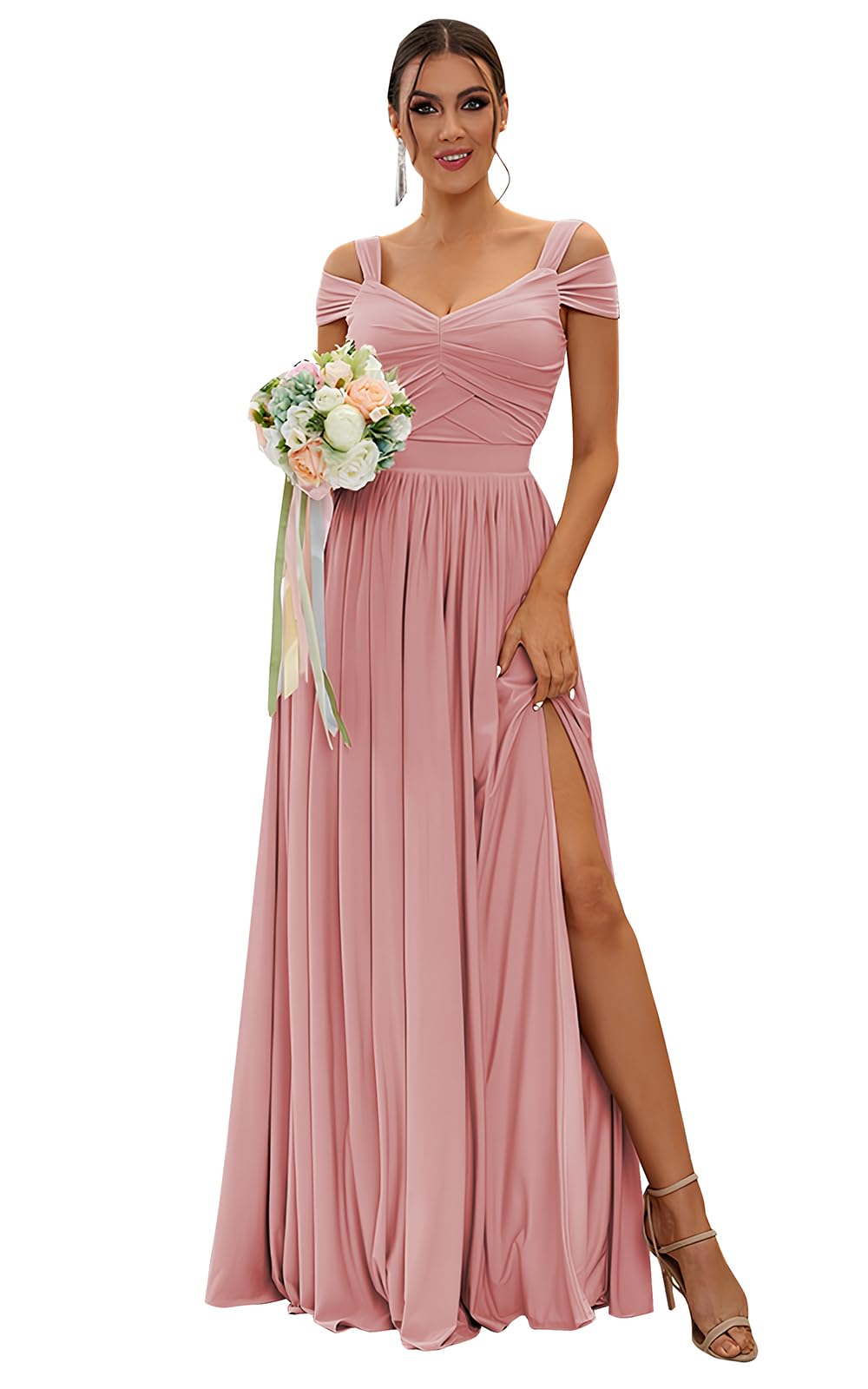 SOLODISHWomen's Off The Shoulder Bridesmaid Dresses with Slit Chiffon Long Formal Evening Gown