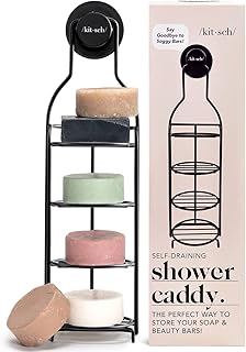 Kitsch Self Draining Shower Caddy - Bathroom Organizer with Suction Cup | Rustproof Shower Rack & Bar Soap Holder for Shower | Soap Dish Holder for Shower Wall (Black)