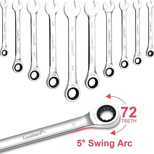 Miniatura 4 de Towallmark Llave de trinquete, juego de 20 llaves combinadas estándar, SAE 14-34 pulgadas y métricas de 0.236-0.748 in, 72 dientes, juego de