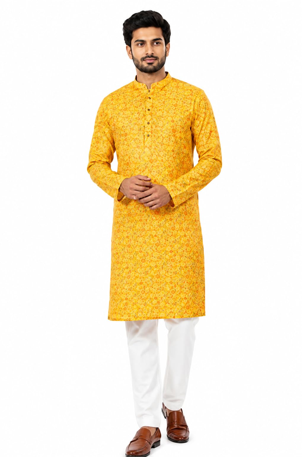 Men's golden musturd Yellow Floral Printed Kurta with pajama set, Mandarin Collar.(M)-image-4