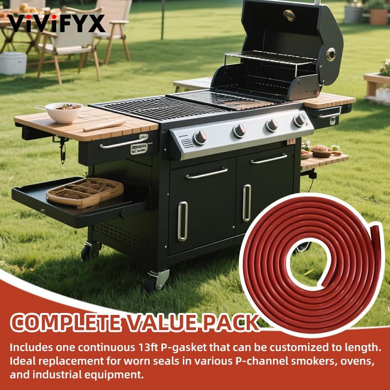 13ft High Temp Silicone P-Gasket Seal for Smoker Door - 7/16" Thick x 7/8" Wide Barbecue Seal Replacement - Heat Resistant to 500°F (260°C) - BBQ Smoker Door Gasket