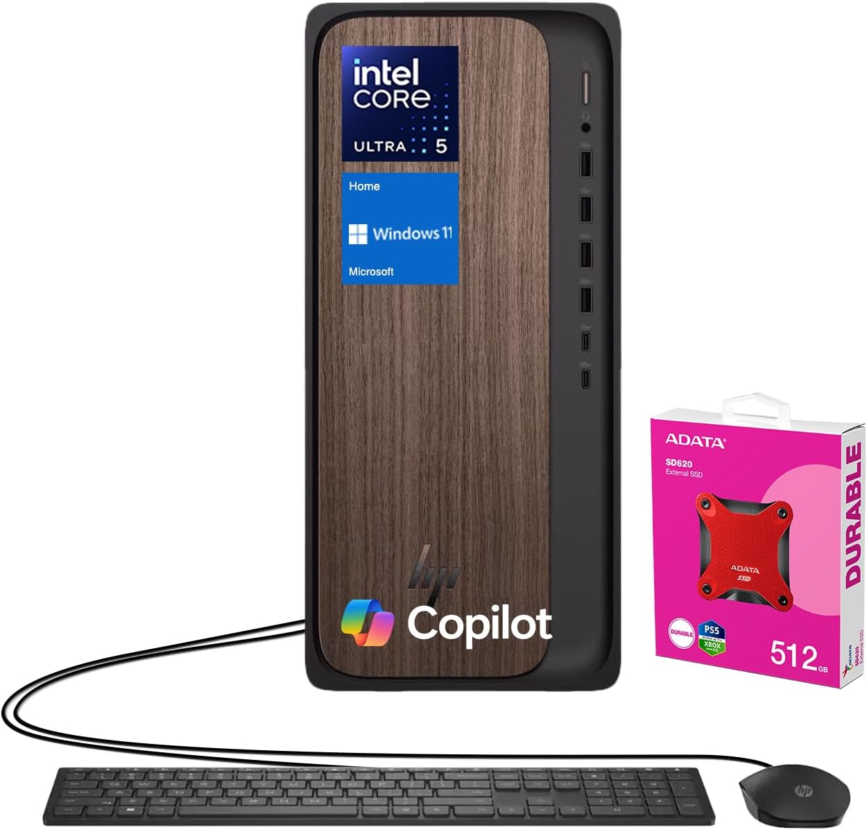 HP Omnidesk Envy Next Brand Business Desktop PC with Copilot & AI-Ready Performance, Ultra 5 225, 16GB DDR5 RAM, 1TB SSD, Wired KB & M, Wi-Fi 6, W11H, Black, Bundle with ADATA 512GB External SSD