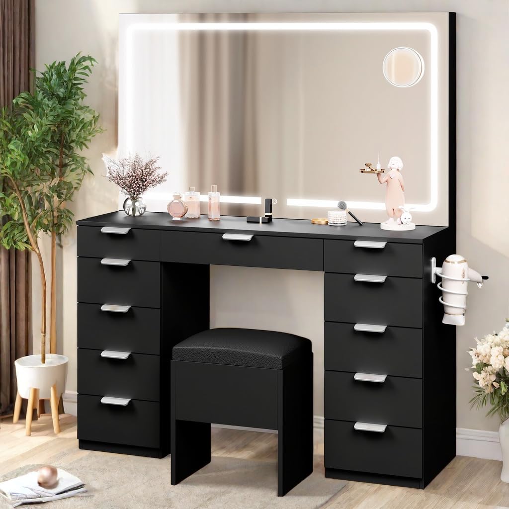 DWVO Dressing Vanity Table with Spacious LED-Lit Mirror & Electrical Socket, 11-Drawer Cosmetic Makeup Table with Magnifier, 46'' Dressing Table with Organizing Stool for Bedroom, Jet Black