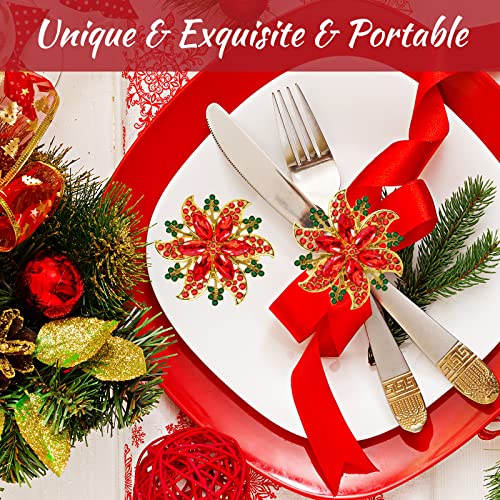 Image of Legigo Set of 8 Christmas Flower Napkin Rings Set for Dinning Table Setting- Red Rhinestone Xmas Winter Napkin Ring Holders for Cloth Napkins, Christmas Holiday Party Dinner Table Decoration