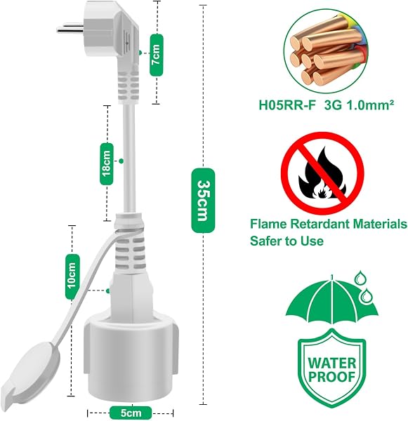 Prolunga Corta Schuko 90 Gradi 16A 250V Mini Prolunga Schuko IP44 per Esterno o Interno, Casa, Ufficio (Bianco, 0.3m) - 4