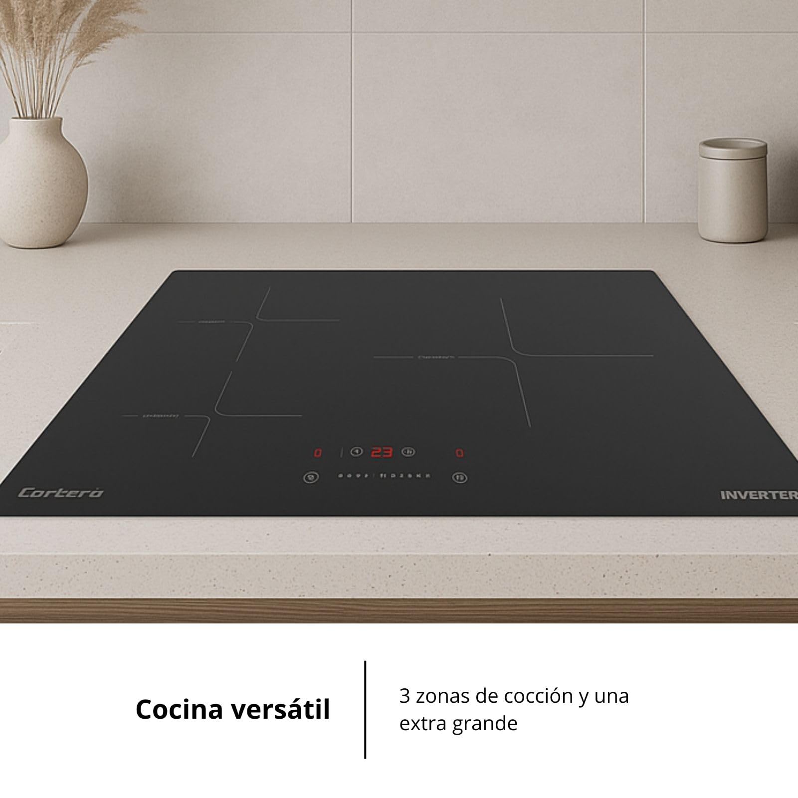 Corberó - płyta indukcyjna | CCIM374 | 7400 W | 3 strefy gotowania | bardzo duża powierzchnia 29 cm | sterowanie dotykowe | funkcja wzmacniacza | biały