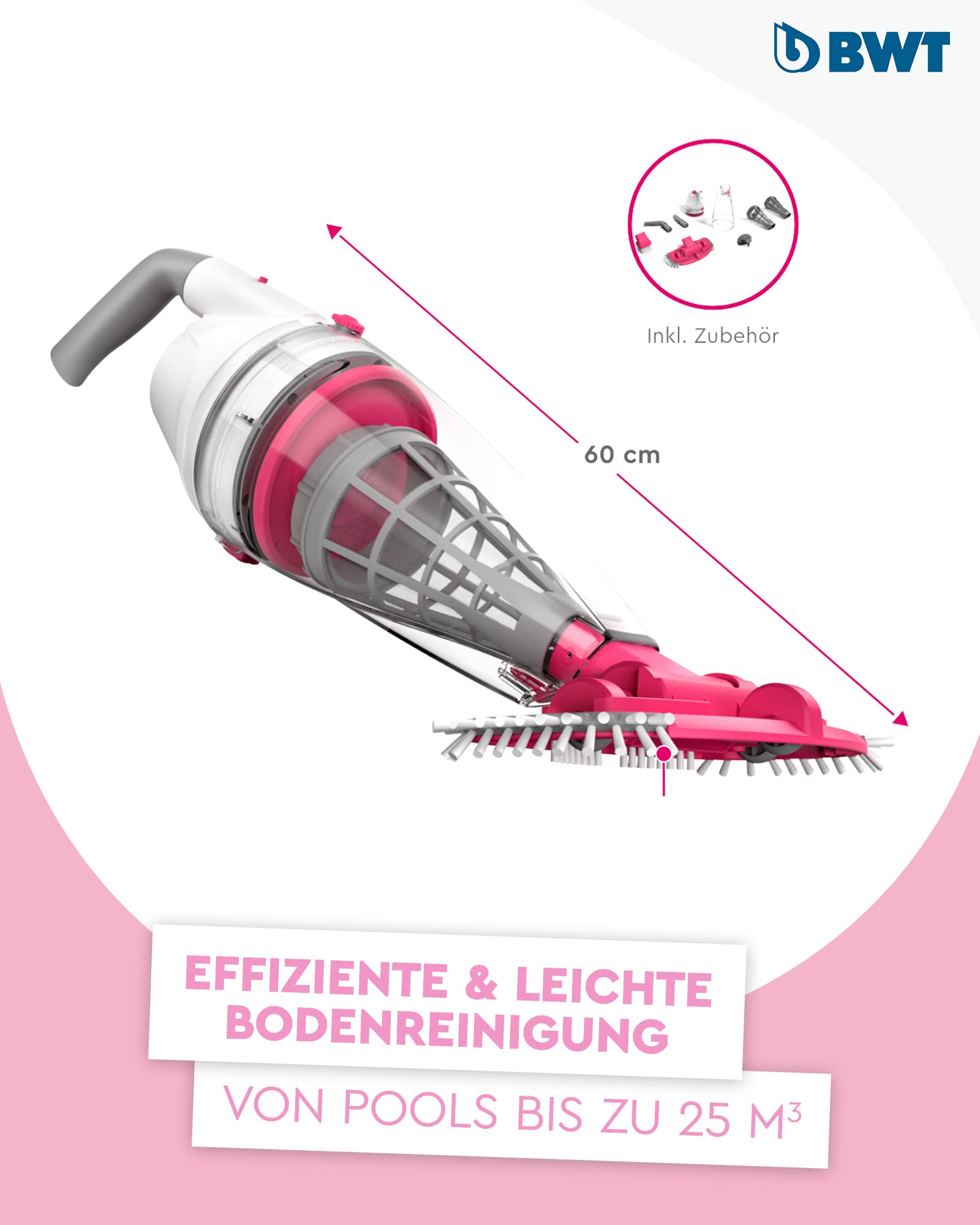 BWT Poolsauger Akku BC50, kabelloser Pool Bodensauger | Kabellos, 40min Laufzeit, 2000 mAh, für Pools bis 25000l, USB-Ladung