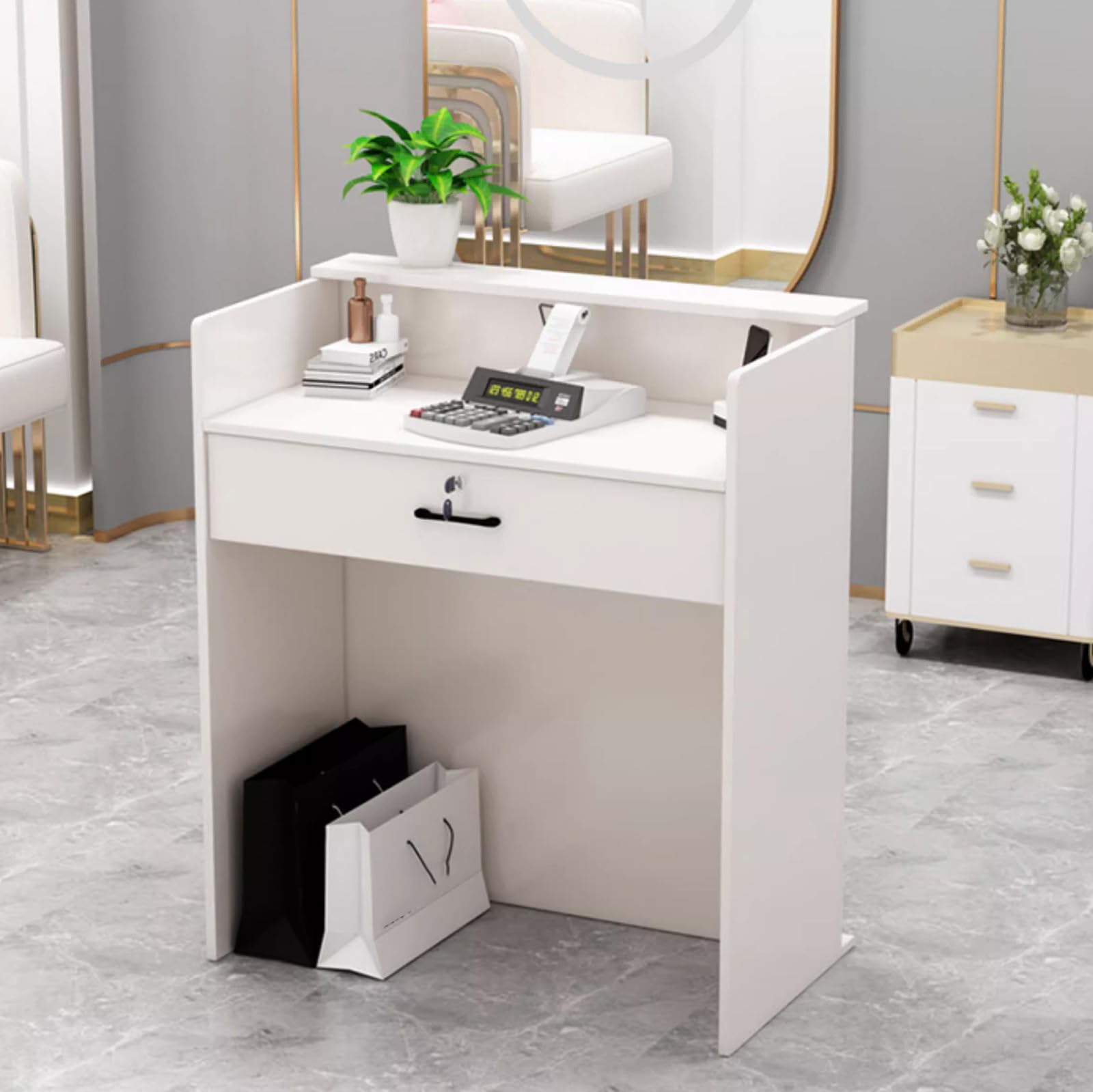 Generico Banco Reception Frontale, Banco Cassa Per Negozi con Cassetti e Ripiani Portaoggetti, Banco Reception Per Saloni Di Bellezza, Negozi Di Abbigliamento (Bianco senza armadietti)