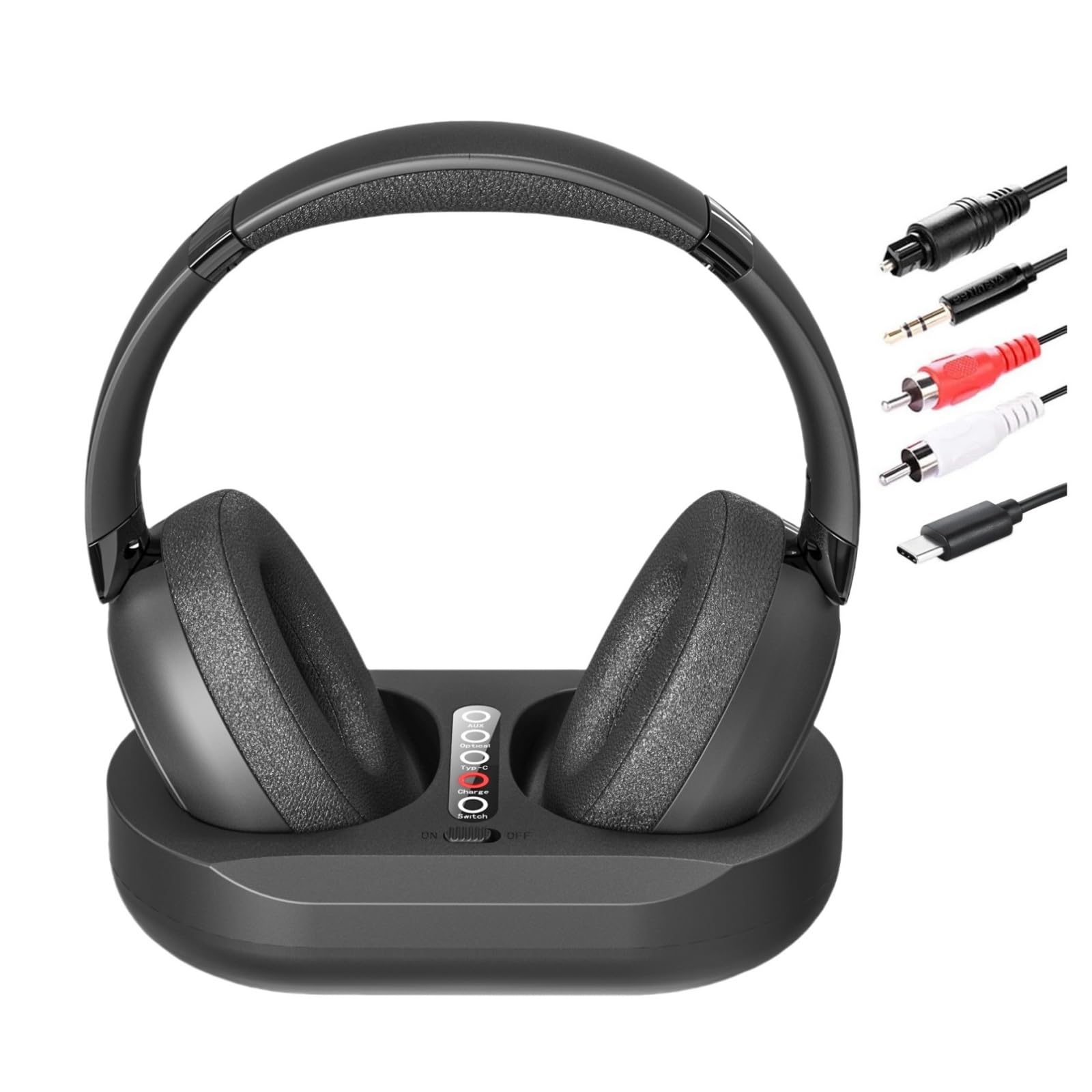 Cuffie TV Senza Fili per Anziani con Dock Trasmettitore, 2.4G RF & Bluetooth 5.3 Compatibili con Tutti i Televisori, Nessun Ritardo Audio, 50 Ore Autonomia, Plug and Play, Regalo per Genitori Anziani