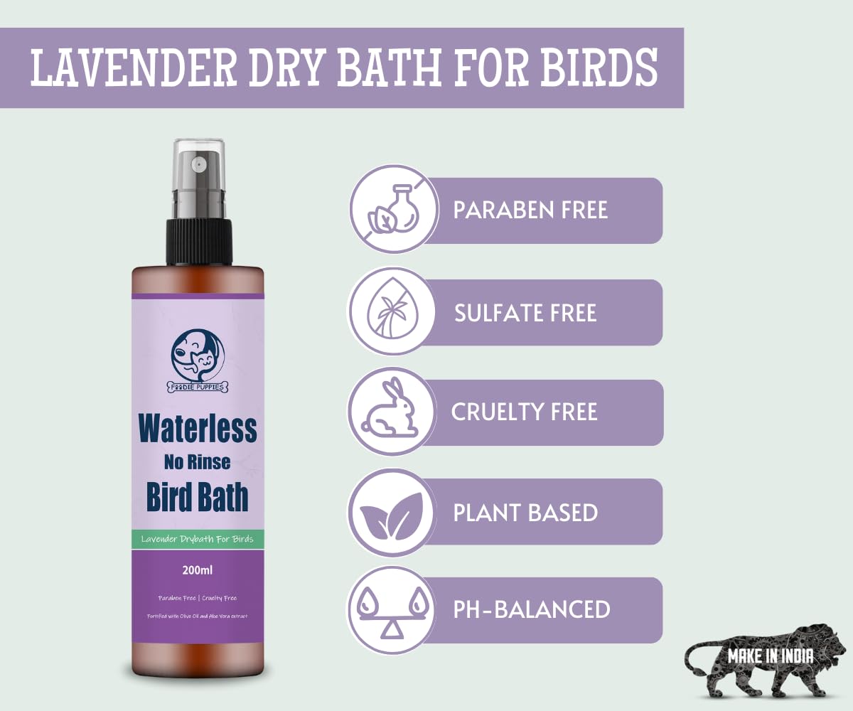 Foodie Puppies Bird Lavender Waterless Dry Bath (200ml) | Suitable for All Birds | Paraben-Free & Cruelty-Free | Enriched with Lavender Oil & Aloe Vera | Cleanses, Nourishes, Soothes Coat Effortlessly 2