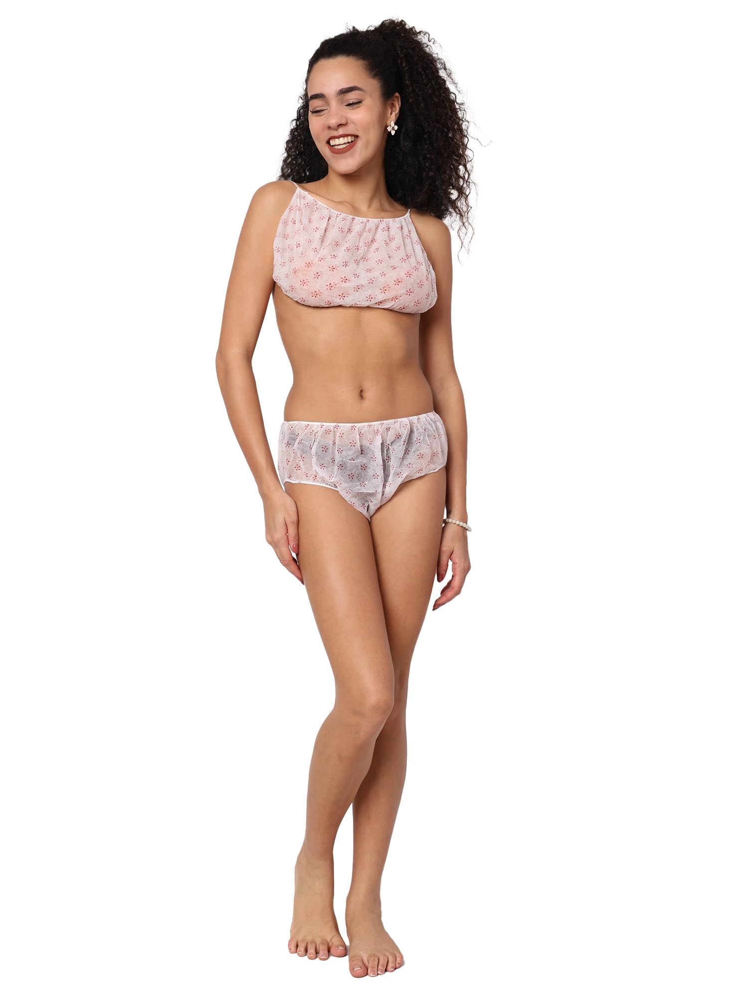 Disposable Panties for Women with Bra Combo Travel Maternity Spa Saloon Innerwear use and Throw Flower Printed (Set of 5) White-image-47