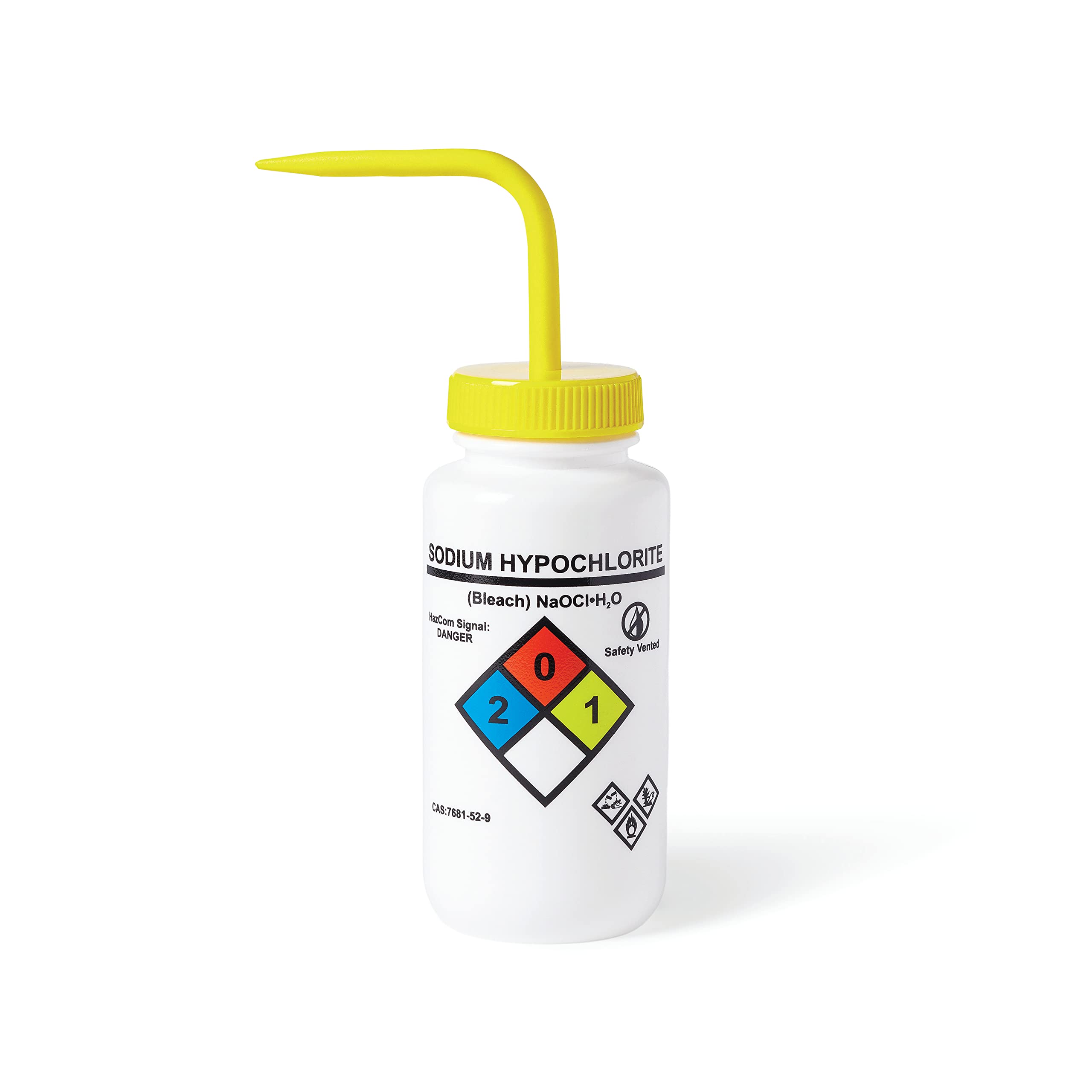 United Scientific™ UniSafe™ Laboratory Grade Wide Mouth LDPE Vented Chemical Wash Bottle, Sodium Hypochlorite, 500mL (16oz), 4-Color, Pack of 6