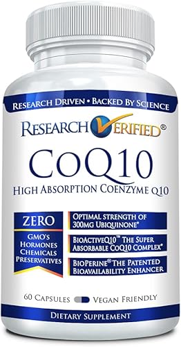 Research Verified CoQ10 - 100% Pure Extra Strength 250mg CoQ10 - Mejora de la absorción y la biodisponibilidad con Bioperine - Aumenta los niveles