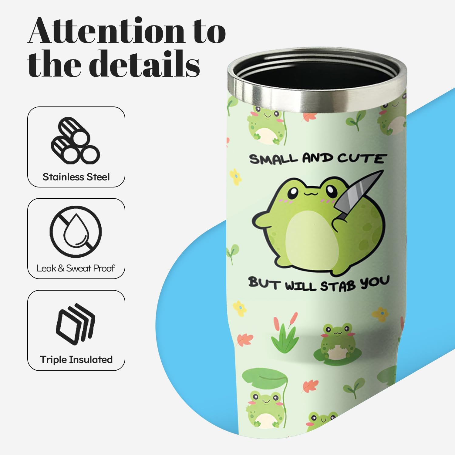 Frog Tumbler with Handle and Flip Straw, 30oz Travel Coffee Mug Water Bottle with Lid, Stainless Steel Insulated Cup, Birthday Gifts for Women Animal Lovers