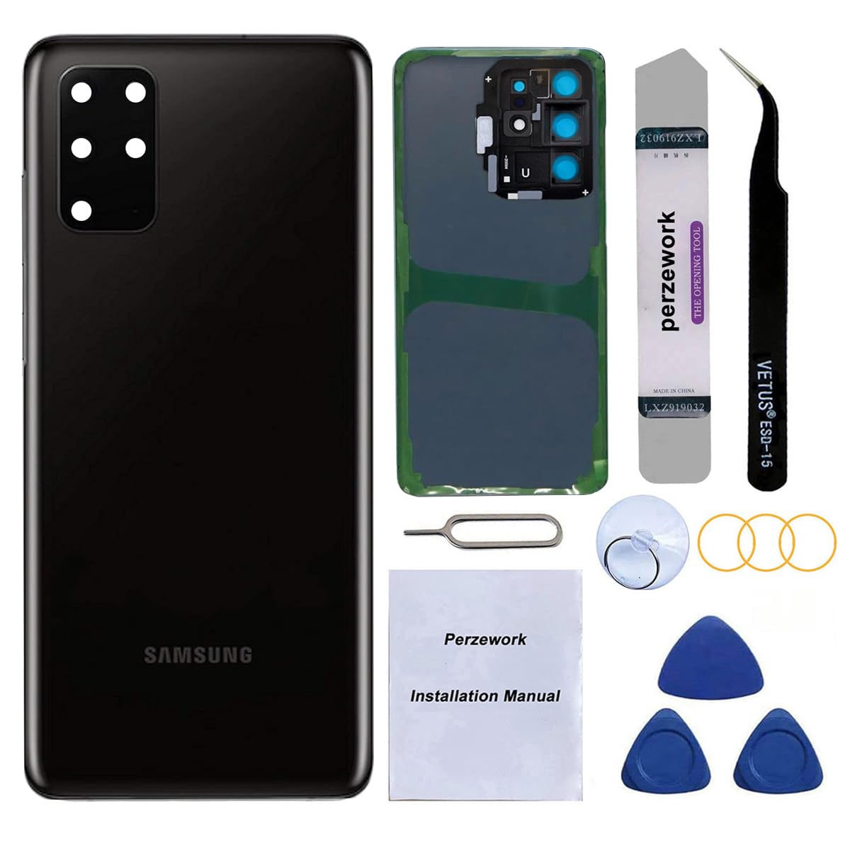 Perzework OEM Rear Back Glass Replacement for Samsung Galaxy S20 Plus 6.7 inches with Reparing Toolkit and Pre-Installed Adhesive (Cosmic Black)
