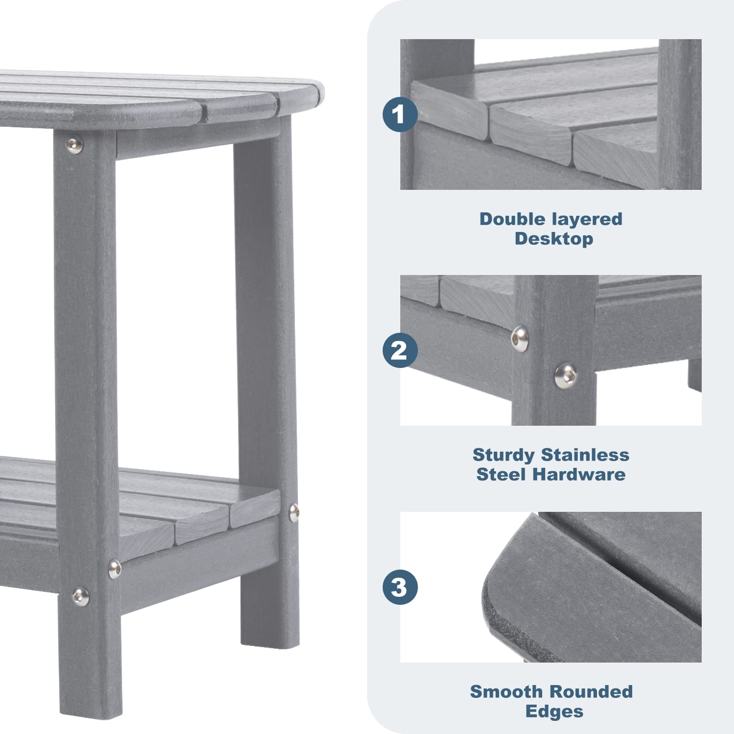 LOENIY Outdoor Side Table 2 -Tier Adirondack Table HDPE Patio Side Table Weather Resistant End Table Small Outdoor Table (Grey)