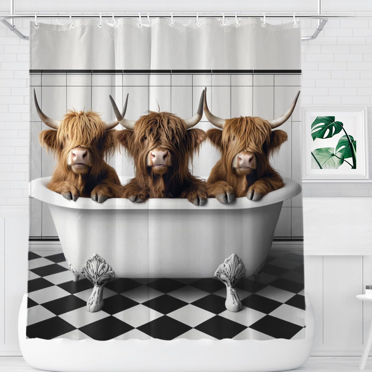 Highland Cow Shower Curtain 72Wx72H Inch Highland Cow Bathing in Bathtub Cute Animal Shower Curtain Bathroom Waterproof Bath Decoration