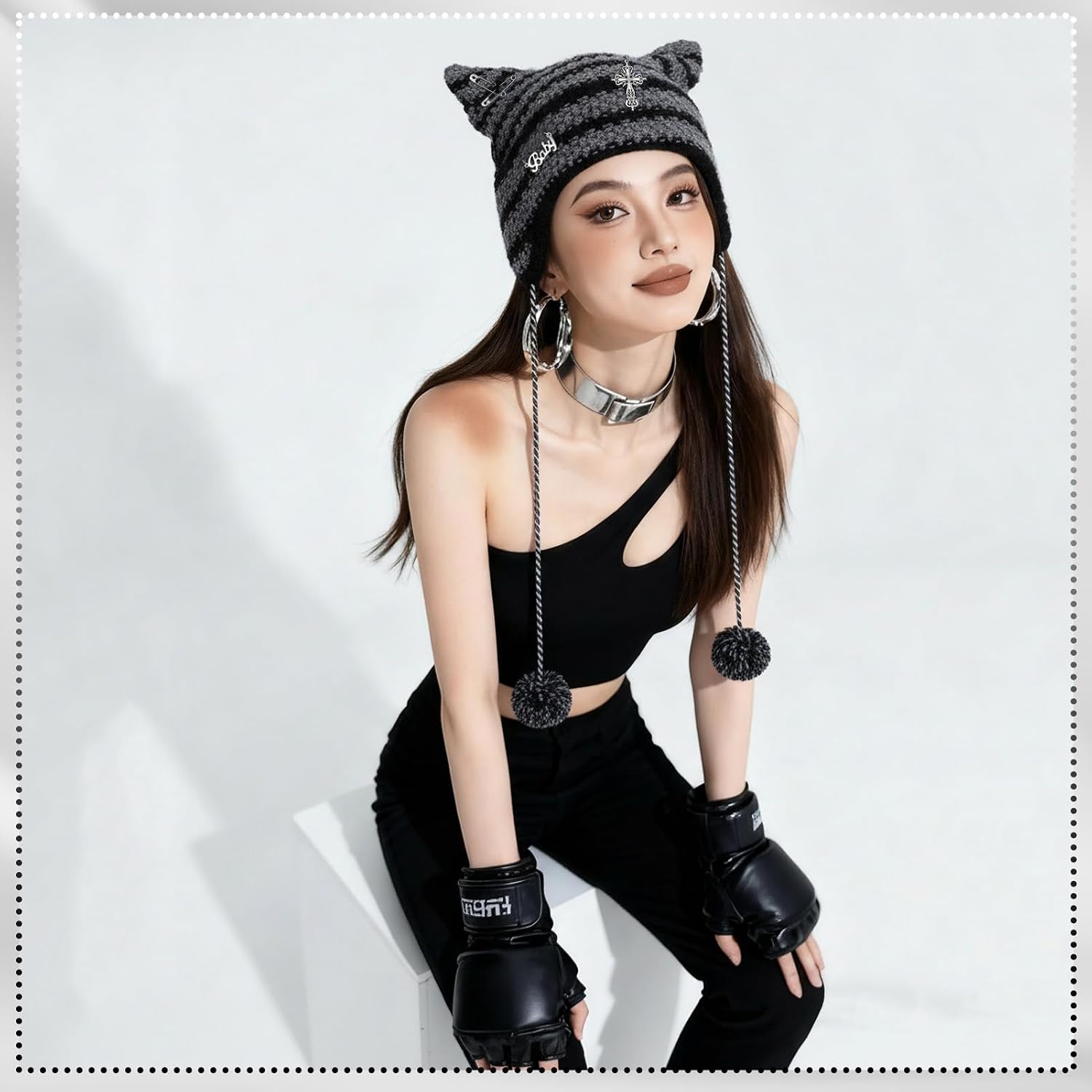 Jspupifip Y2k Arm Warmers Vintage Grunge Cat Crochet Beanie Hats Retro Goth Stretchy Dance Accessories