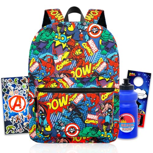 Marvel Avengers Backpack for Boys - Bundle with 16 Superhero Bookbag Water Bottle Stickers More | Avengers School Bag for Kids Set