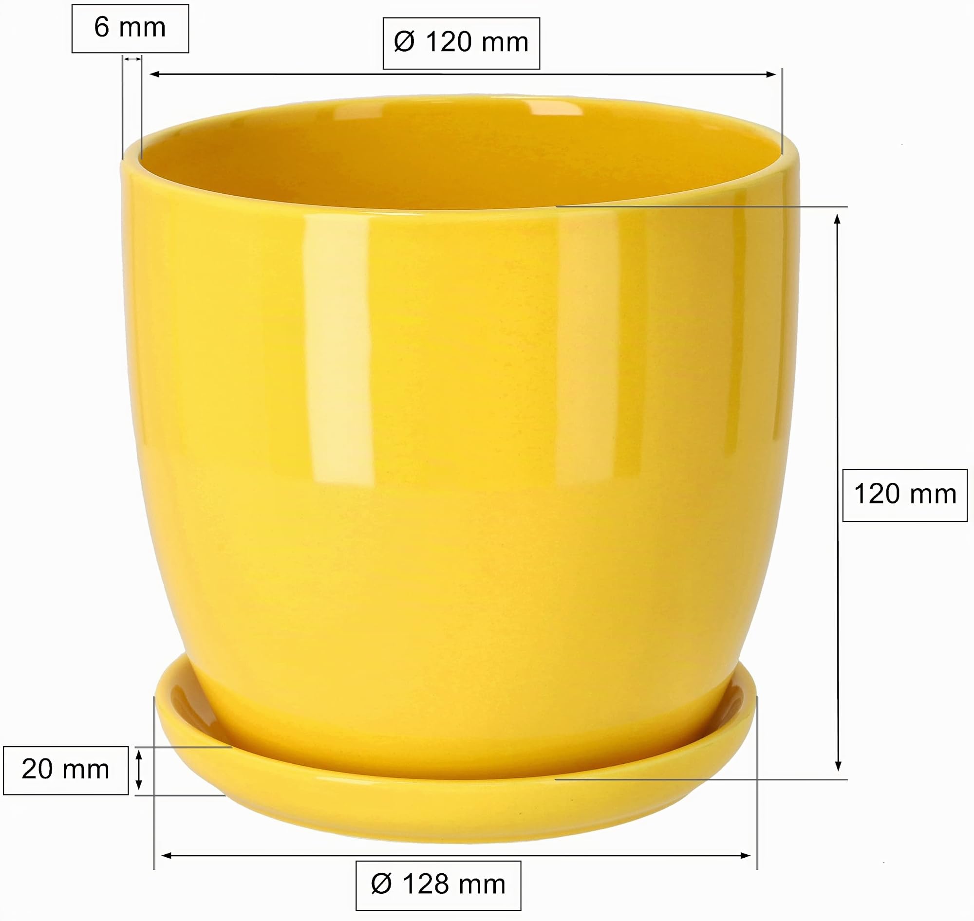 KOTARBAU® 2 x Maceteros con Plato de cerámica esmaltada, 13 cm, Maceta Amarilla, Tiesto Decorativo para Plantas, Maceta con Plato y Orificio de Drenaje, Reflejo Brillante, Macetas de Ceramica 2 UDS