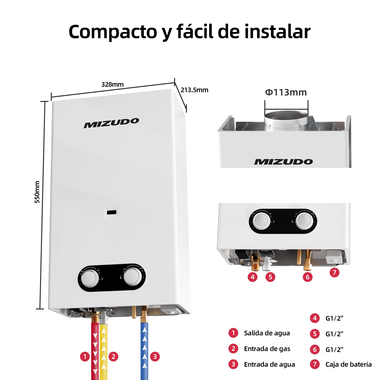 MIZUDO Calentador de Agua Butano Gas LPG, Clase de Eficiencia Energética A, Low NOx, Calentadores Propano 10L Atmosférico, Quemador de Baja Emisión, 32.8 x 21.35 x 55 cm