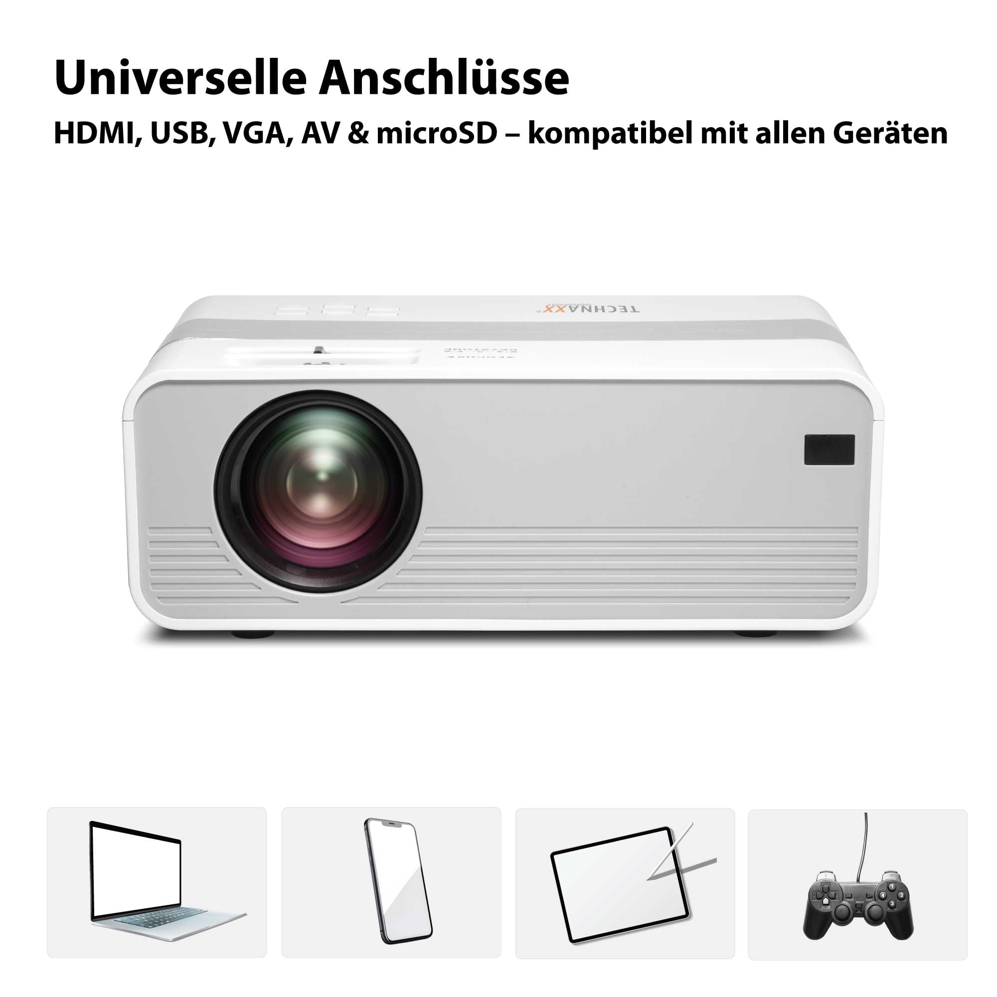 Technaxx Mini-LED HD Beamer – Tragbarer Projektor für Heimkino, Präsentationen & Gaming – Native 720P Auflösung, 176" Display, 40.000h LED Lebensdauer, HDMI/USB/VGA/AV/SD-Anschlüsse - TX-127