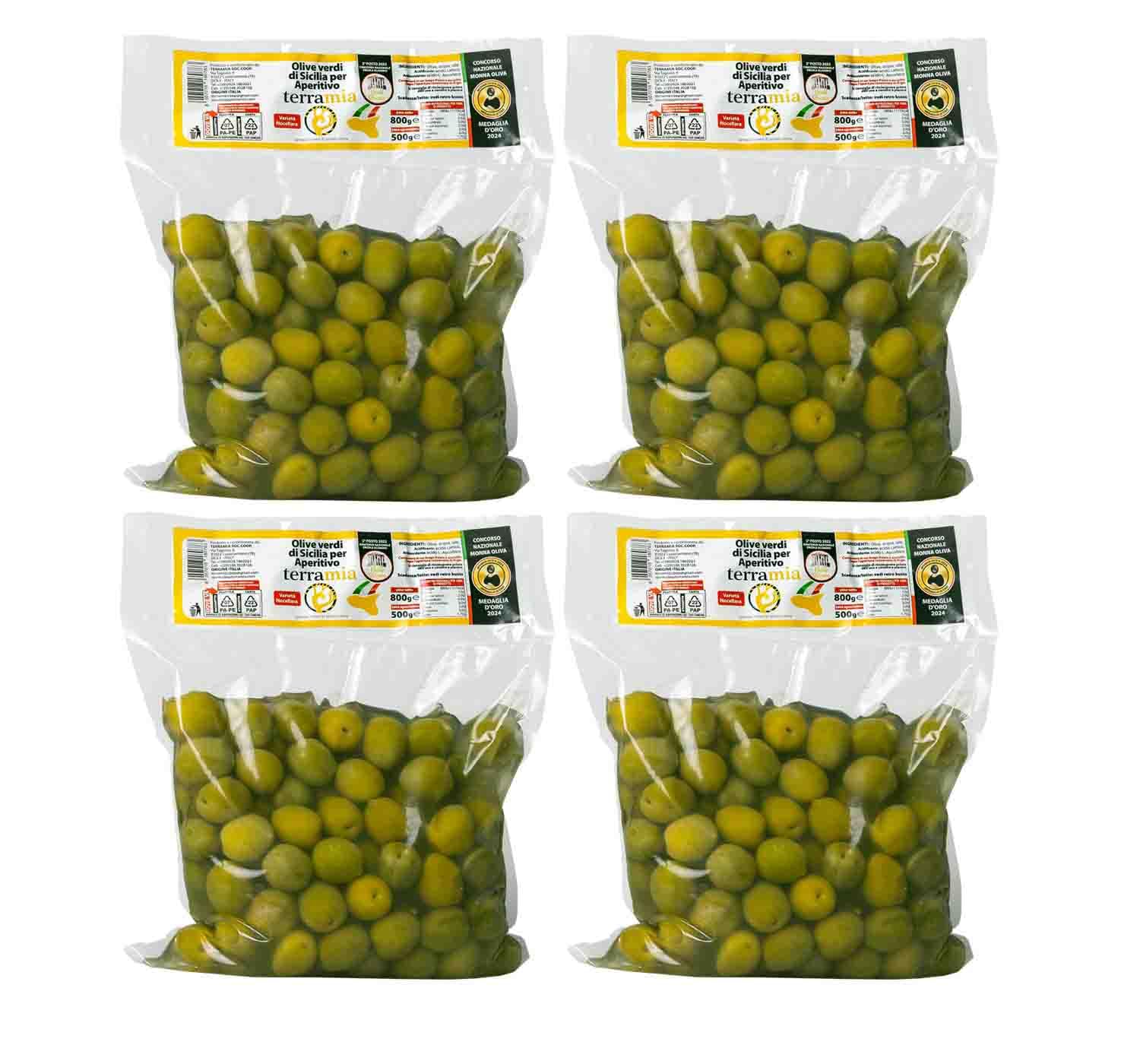 Terramia Olive Verdi Dolci di Sicilia "Nocellara" in Salamoia – Prodotto Artigianale da Azienda Premiata Ercole Olivario e Monna Oliva, Formato Scorta 2kg (4 Buste x 500g)
