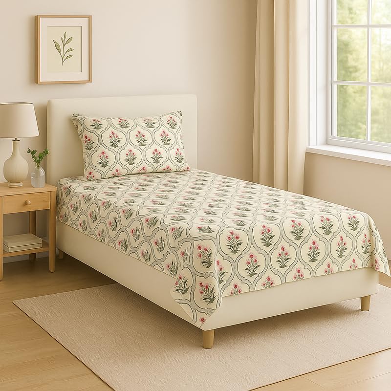 BSB HOME Flat Bedsheet for Single Bed with 1 Pillow Cover | Soft Touch Cotton | Comfortable & Durable | Size 90 x 60 Inch | Elegant Printed Bedding Set for Daily Use, Color - Almonds