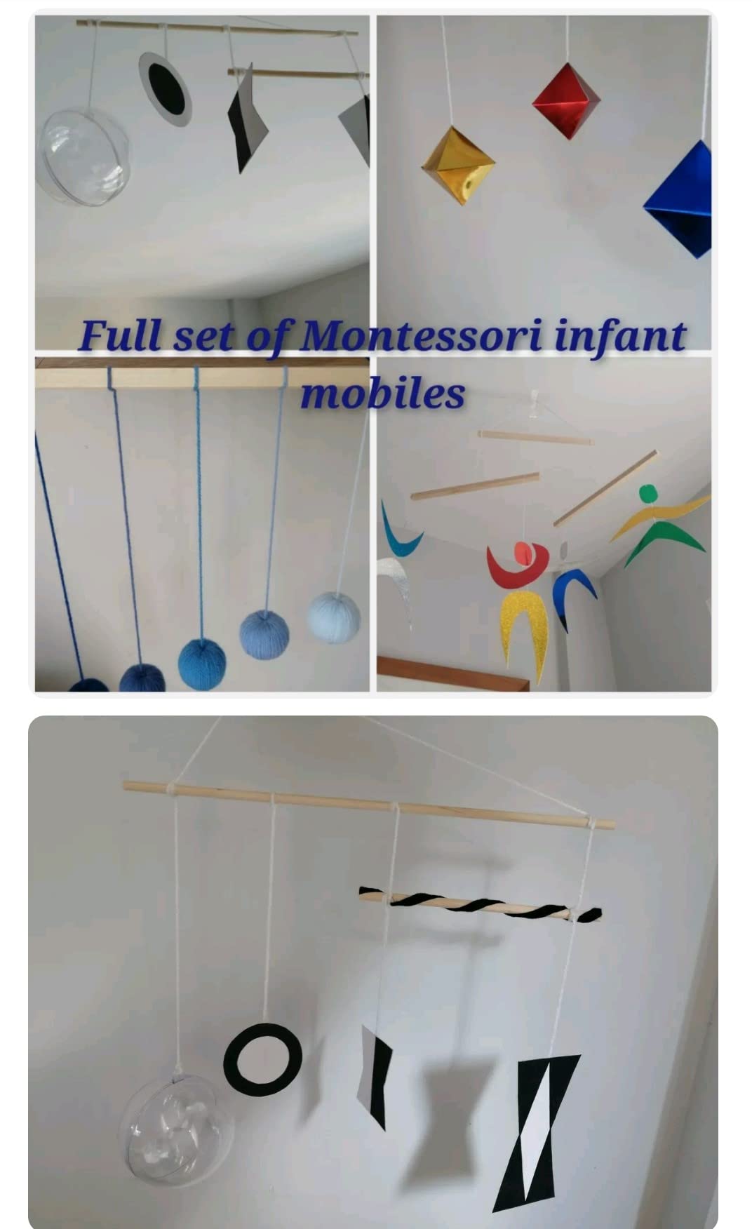 HandmadeMontessori baby mobiles, monari, octahedron, green gobbi, dancers, newborn gift, baby shower gift, visual series set of four mobiles