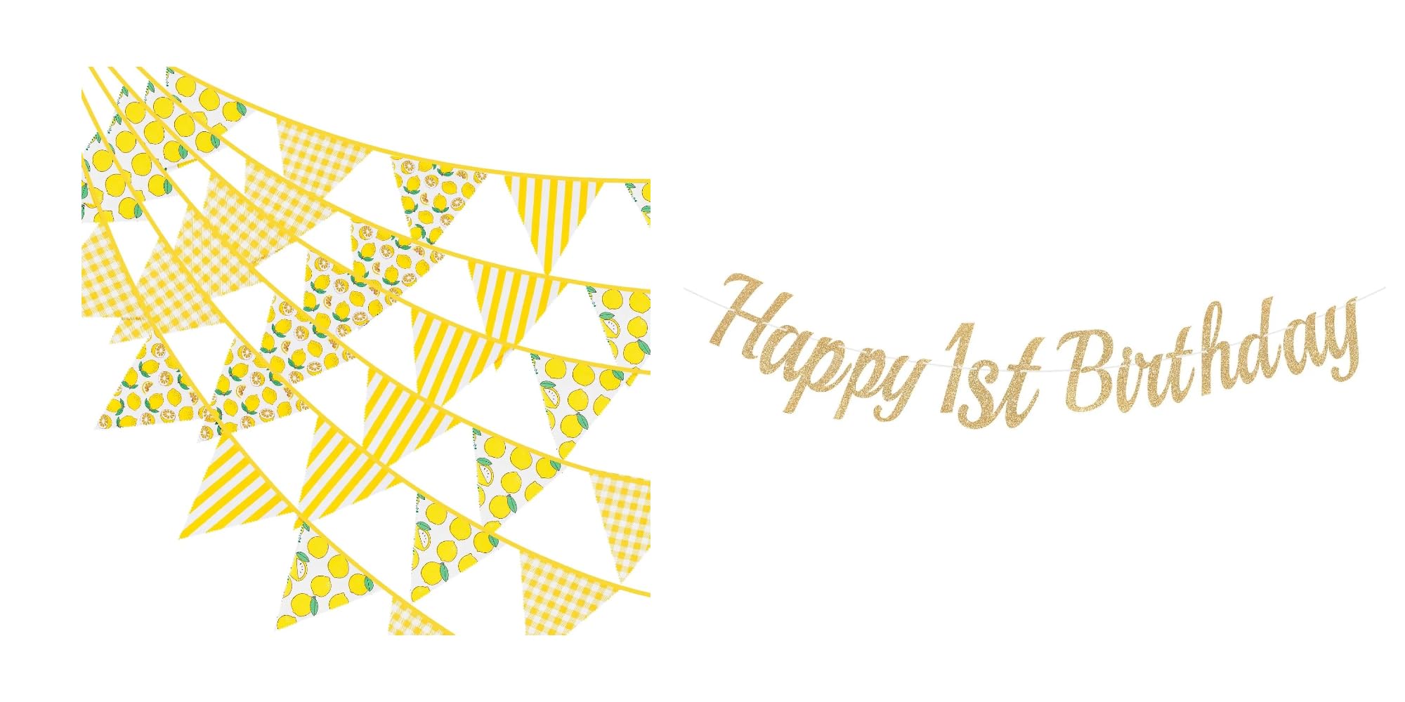 Guirlande Happy 1th Birthday Or Champagne et kit fanions citron pour déco de fête
