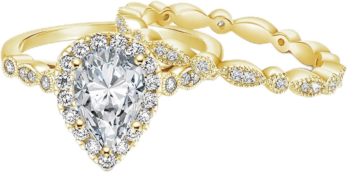 EAMTI 1.5CT 925 Sterling Silver Bridal Ring Sets 14K Gold Plated Teardrop CZ Engagement Vintage Pear Promise Rings Marquise Wedding Bands for Women Size 3-11