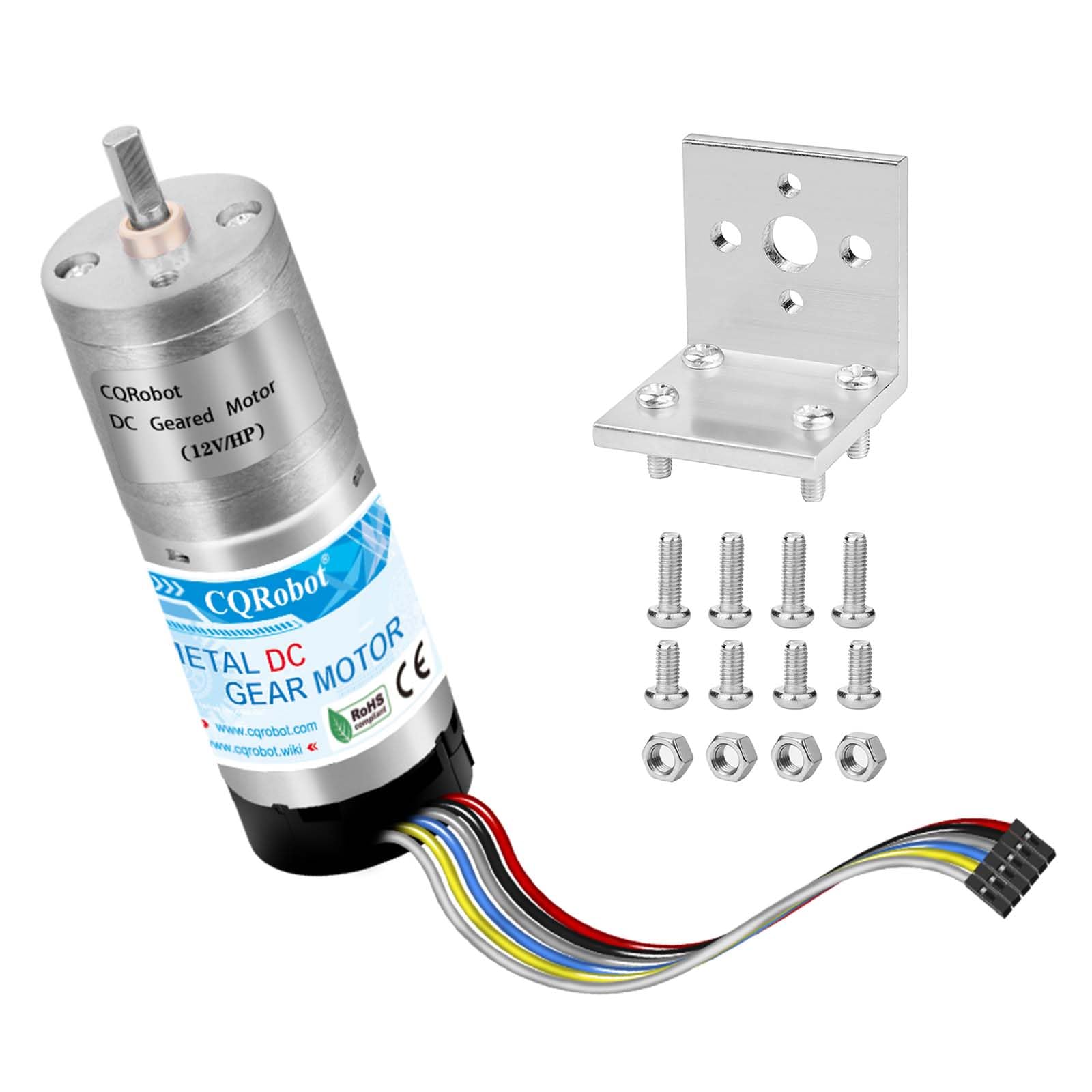 CQRobot 98.78:1 HP Metal DC Geared-Down Motor 25Dx68.5L mm 11W/12V with 48 CPR Encoder and Fix Bracket. 100 RPM/21 kg.cm (292 oz.in), D-Shaped Output Shaft 4 mm/12.5 mm (Diameter/Length).