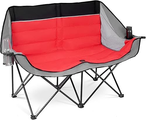 Double Camping Chair Outdoor 2-Seater Oversized 2 Person Portable Folding Lawn Chair with Cup Holders & Mesh Storage Pocket for Picnic, Camping,