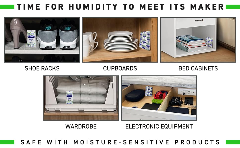 Image of Household Moisture Absorber | Compact Room Moisture Dehumidifier for Wardrobe & Shoe Racks | Prevents Mould & Fungus in Home, Cars, Electronic items | Combo of 5gm x 40 sachets + 50gm x 5 sachets + 100gm x 3 Sachets - Davsorb