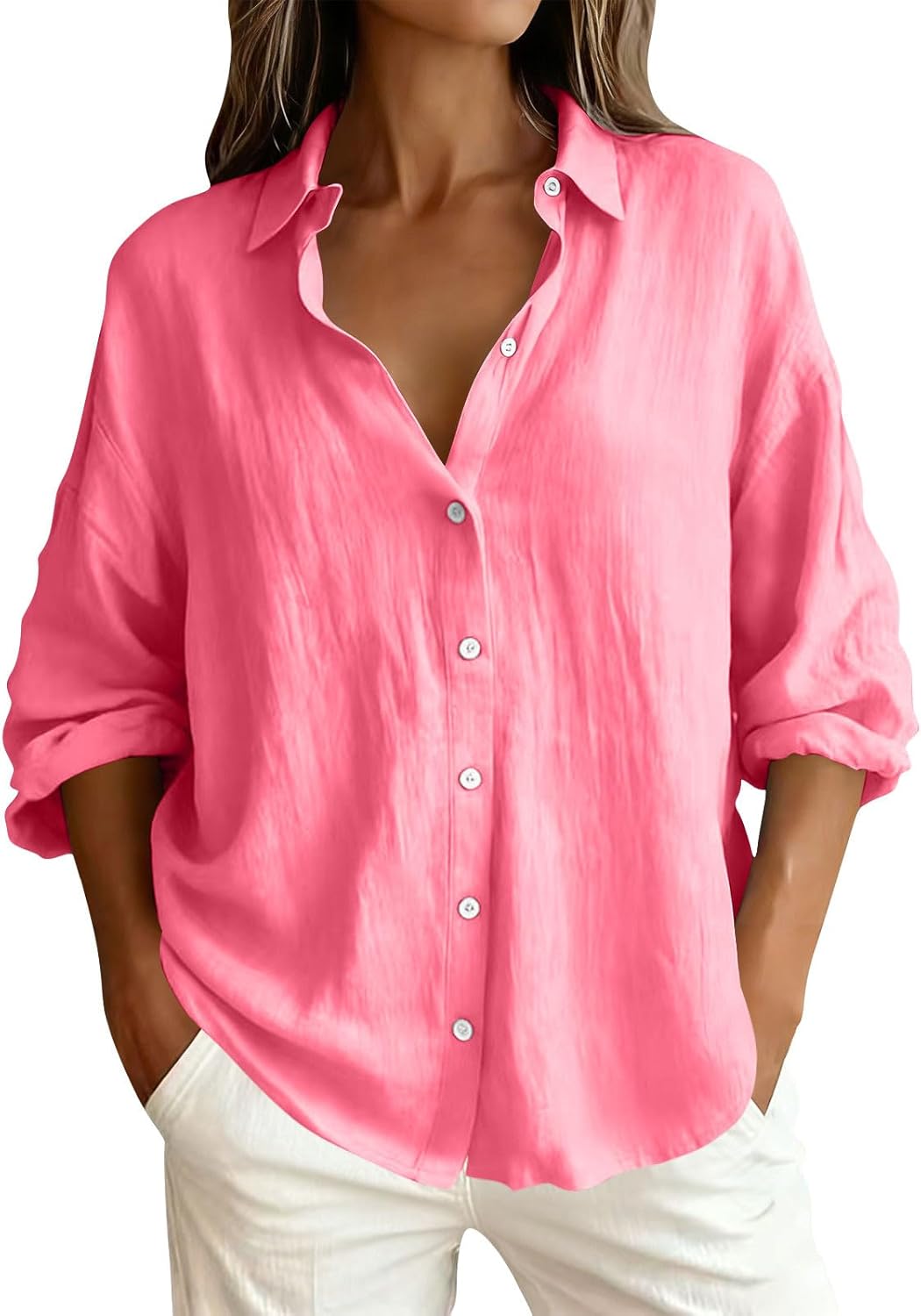 Linen Shirts for Women Long Length Sleeve Button Down Tee Shirts Spring Tops Casual Loose Fit Blouses
