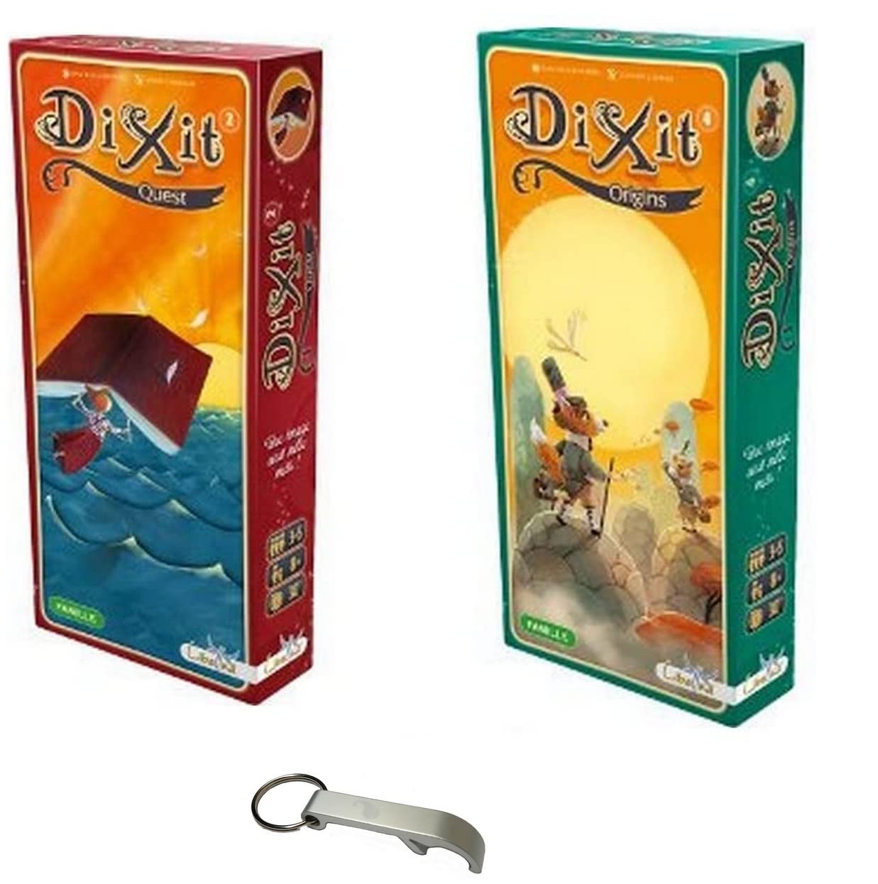 Set mit 2 Erweiterungen Dixit: Origins + Quest + 1 Decap Blumie – 3 bis 6 Spieler