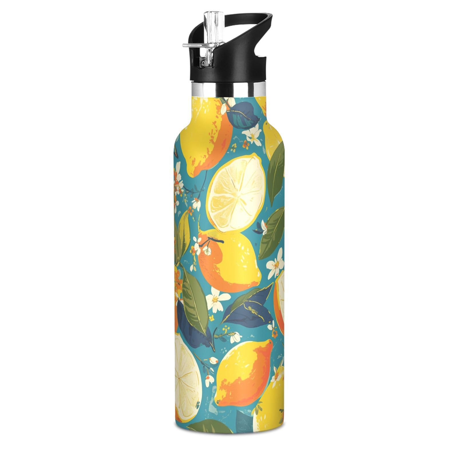 Kaaviyo Boys Pattern Yellow Lemon Fresh Summer Water Bottle Stainless Steel Jug Insulated Vacuum Cup For Girls(600Ml)