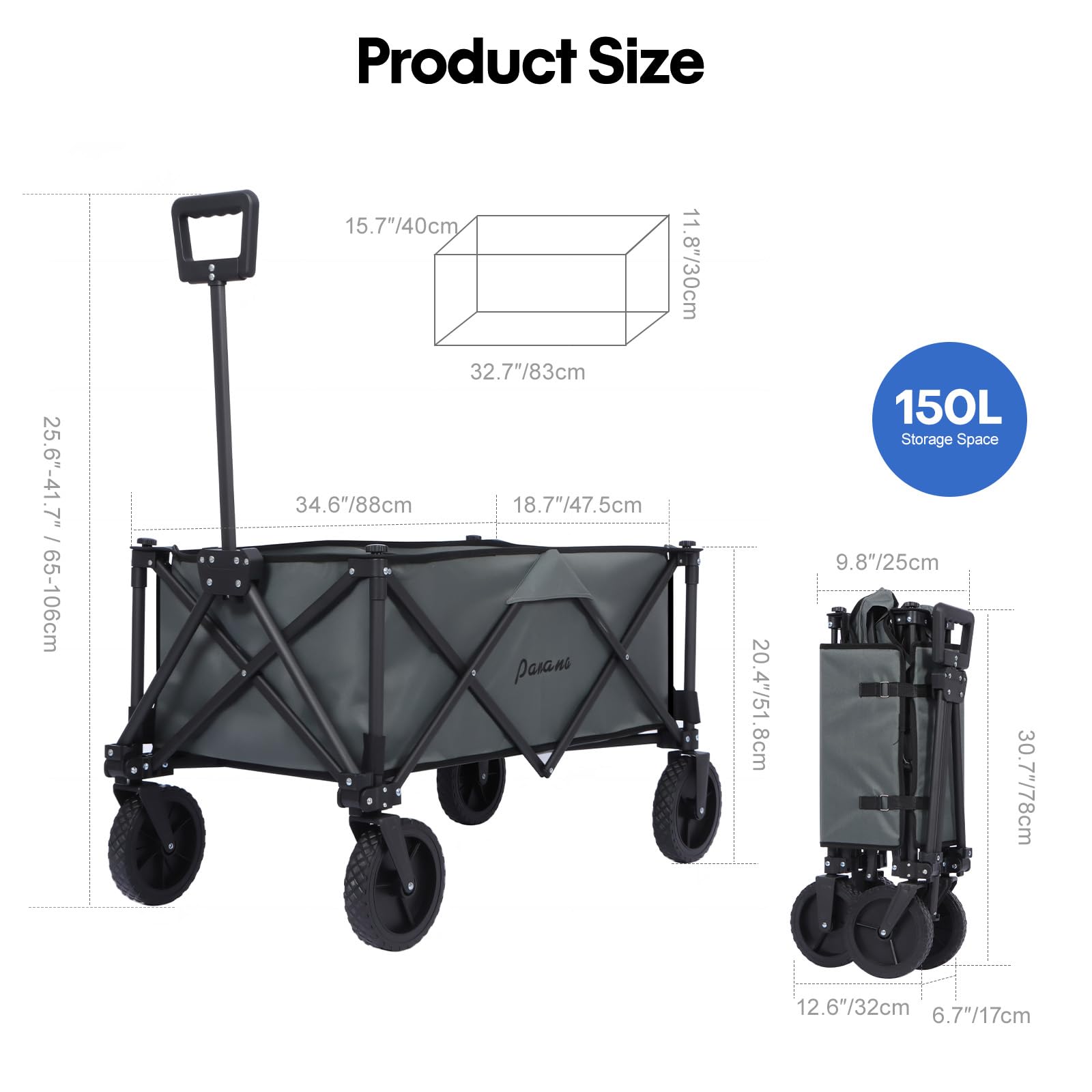 Folding Utility Wagon Cart with All-Terrain Wheels, Folding Trolley Cart Heavy-Duty Steel Frame, 150L Capacity, 150kg Load - Image 3