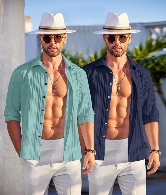 Image of FINIVO FASHION Men's Cotton Blend Shirt Set Lightweight, Full Sleeves, Plain Texture, Button Closure, Summer Ready (Pack of 2)
