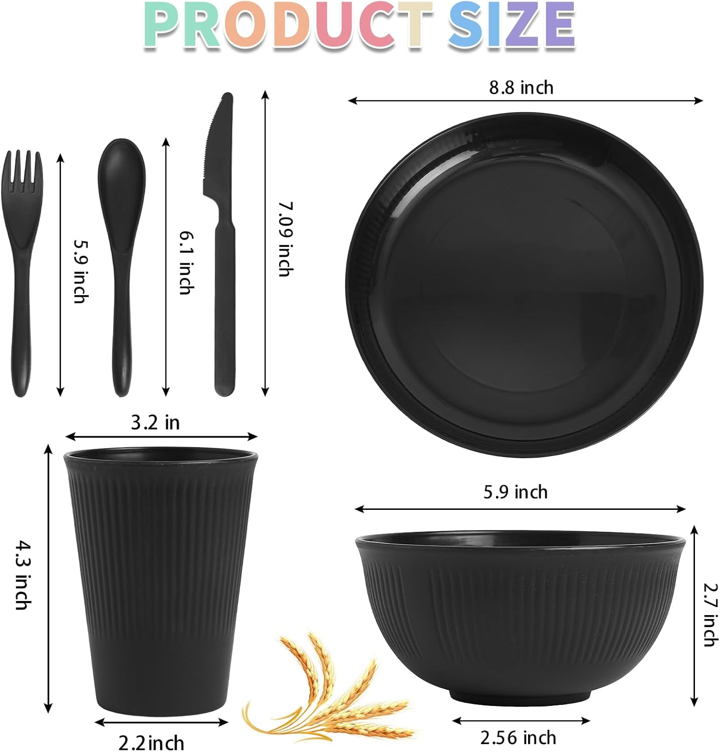36 Pcs Wheat Straw Dinnerware Set,Dinnerware Sets for 6,Large Round Plates, Bowls and Cups, Unbreakable dish set, Dishwasher and Microwave Safe, Outdoor Camping Dishes (Black)