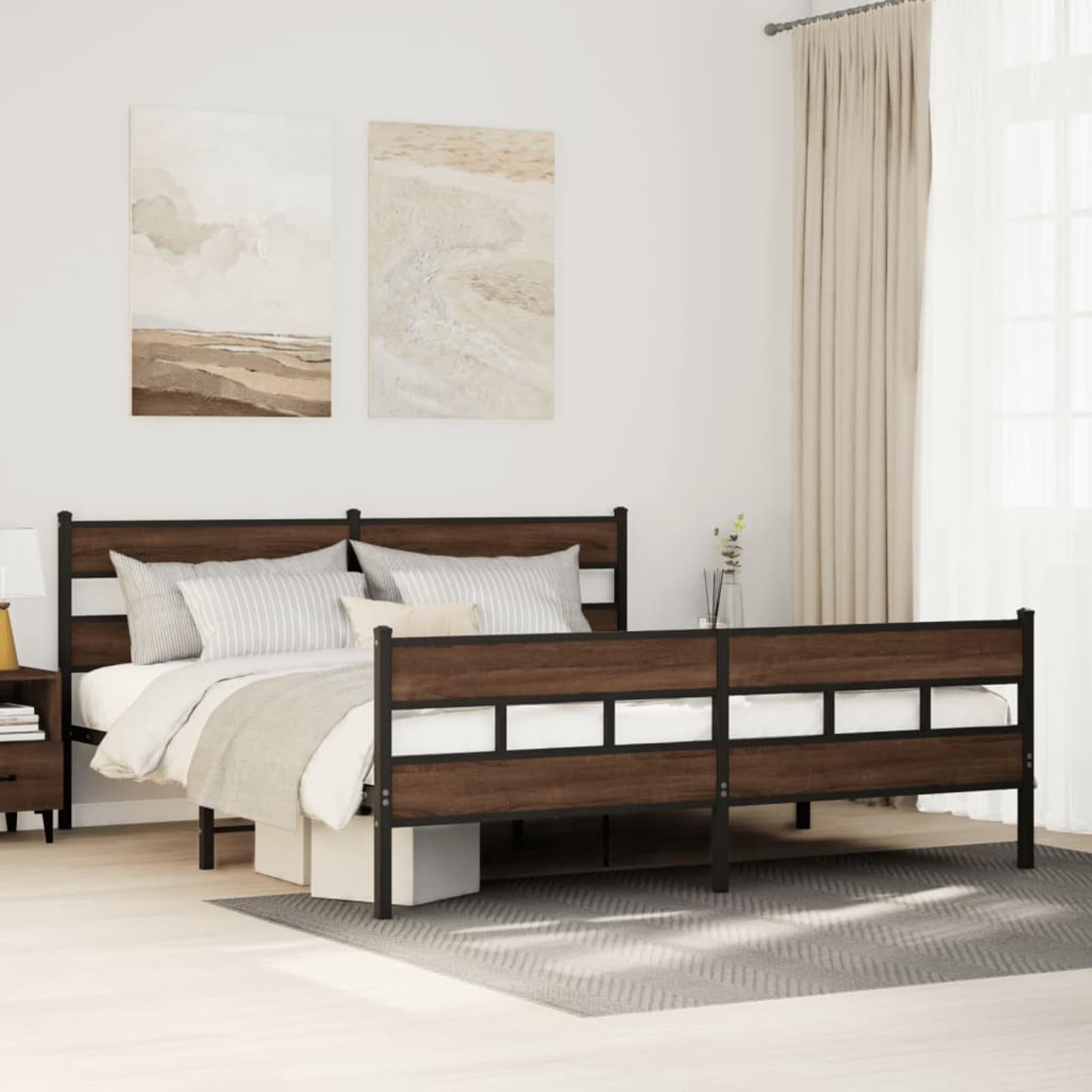WGYHOME metalowa rama łóżka 180 x 200 cm, brązowa, imitacja dębu, ze stali ze środkowymi nóżkami i schowkiem pod łóżko, dla dorosłych