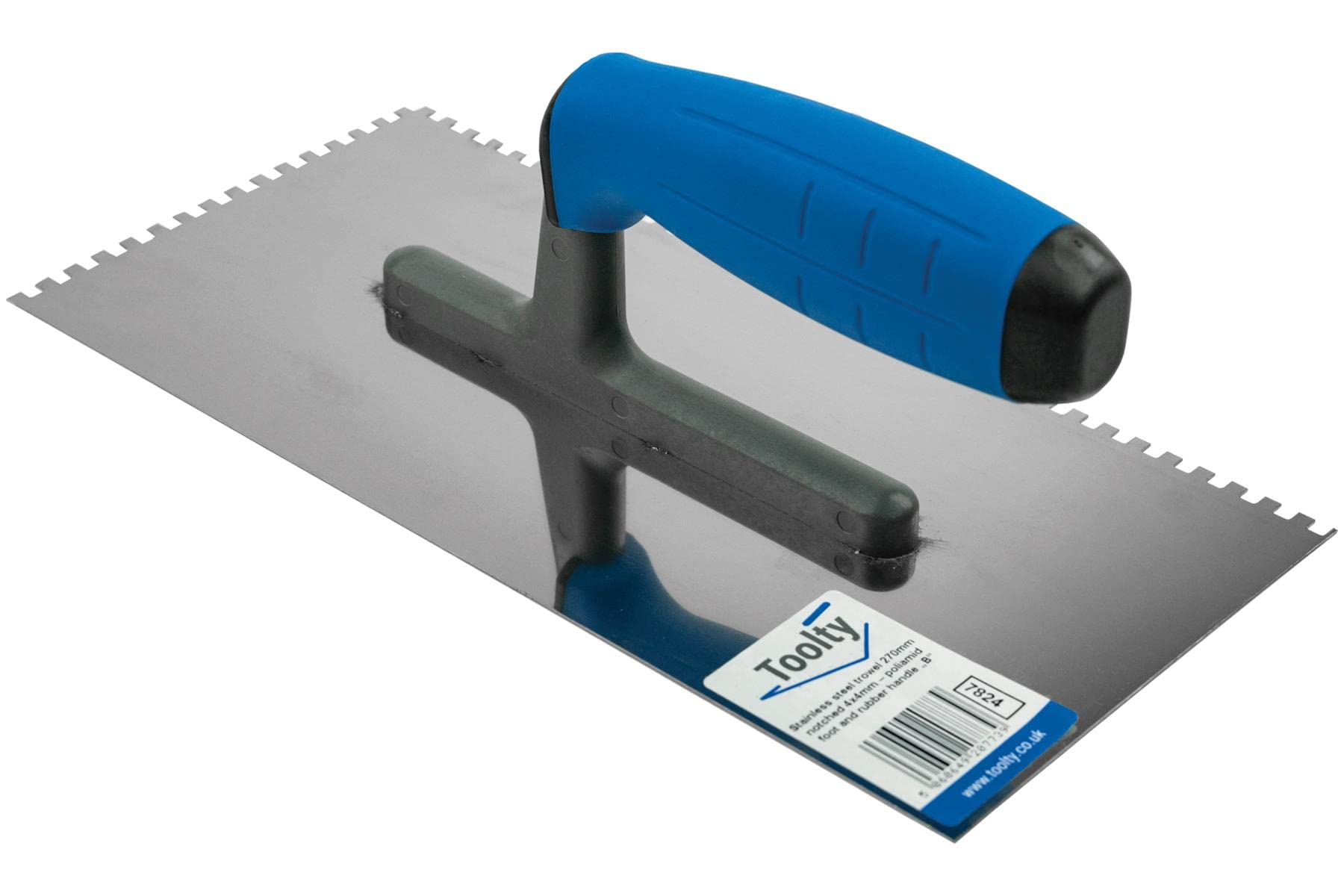 Toolty Notched Tiling Trowel - Stainless Steel - Non-Slip Rubber Handle - 4 X 4 Mm Notch - 10.6 X 5.04" - For Applying Adhesives And Screeds